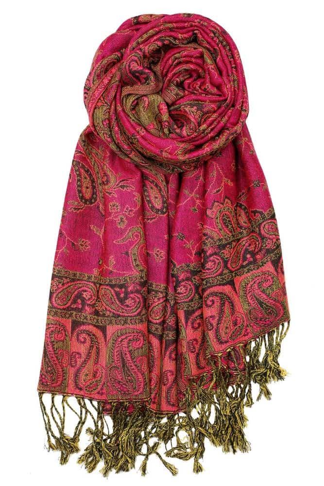 large fuchsia reversible paisley pashmina shawl wrap scarf - 28" width x 80” length with fringes