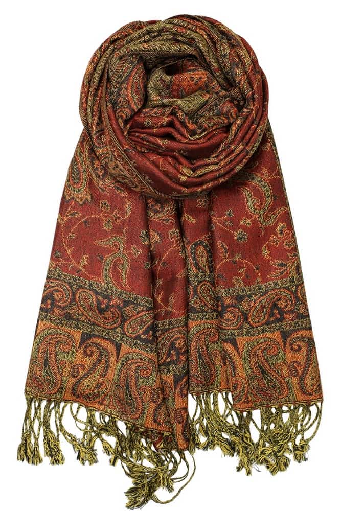 large rust red reversible paisley pashmina shawl wrap scarf with fringes