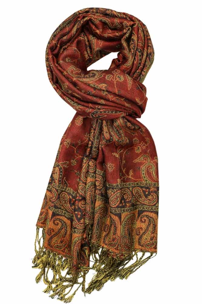 large rust red reversible paisley pashmina shawl wrap scarf with fringes