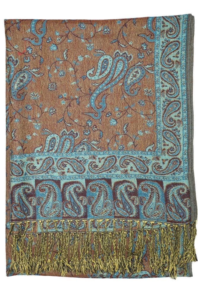 large turquoise reversible paisley pashmina shawl wrap scarf with fringes