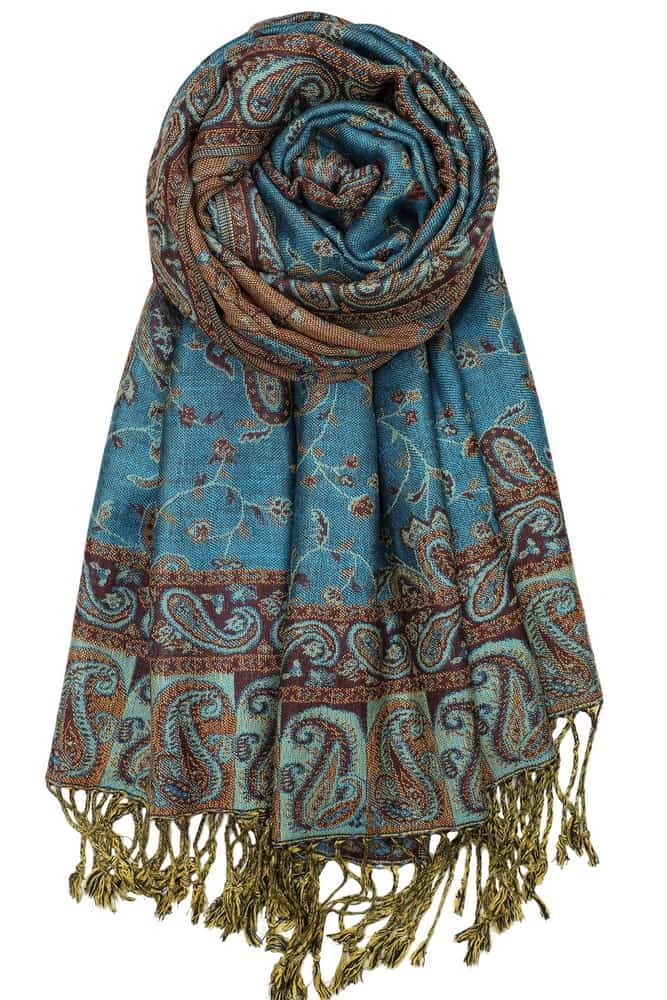 large turquoise reversible paisley pashmina shawl wrap scarf with fringes