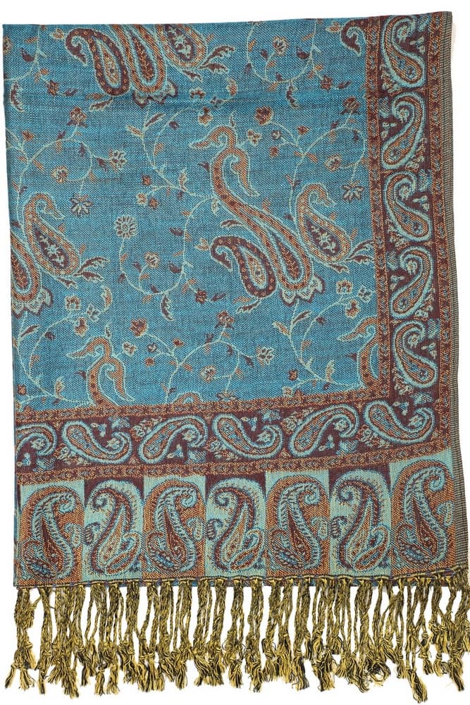 large turquoise reversible paisley pashmina shawl wrap scarf with fringes