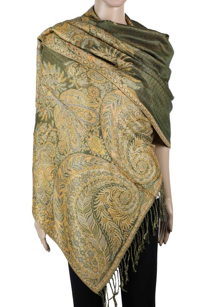 large olive green big paisley pashmina shawl wrap scarf with fringes