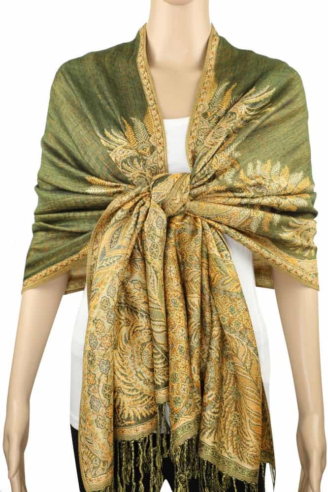 large olive green big paisley pashmina shawl wrap scarf with fringes
