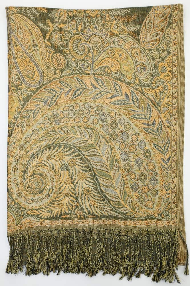 large olive green big paisley pashmina shawl wrap scarf with fringes