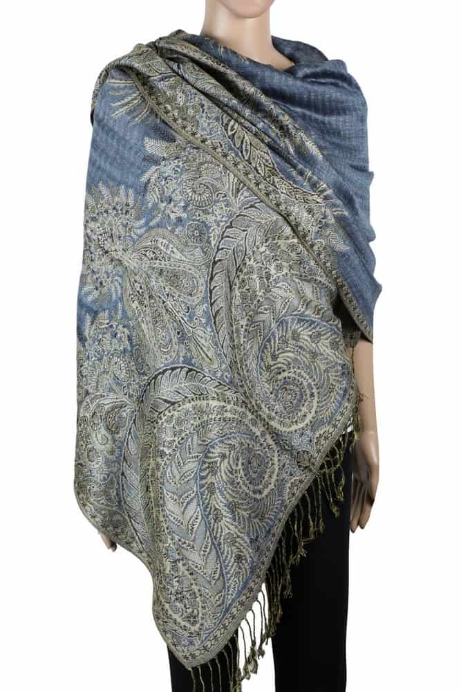 large steel blue big paisley pashmina shawl wrap scarf with fringes