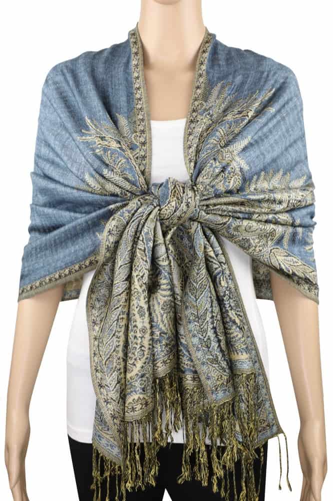 large steel blue big paisley pashmina shawl wrap scarf with fringes