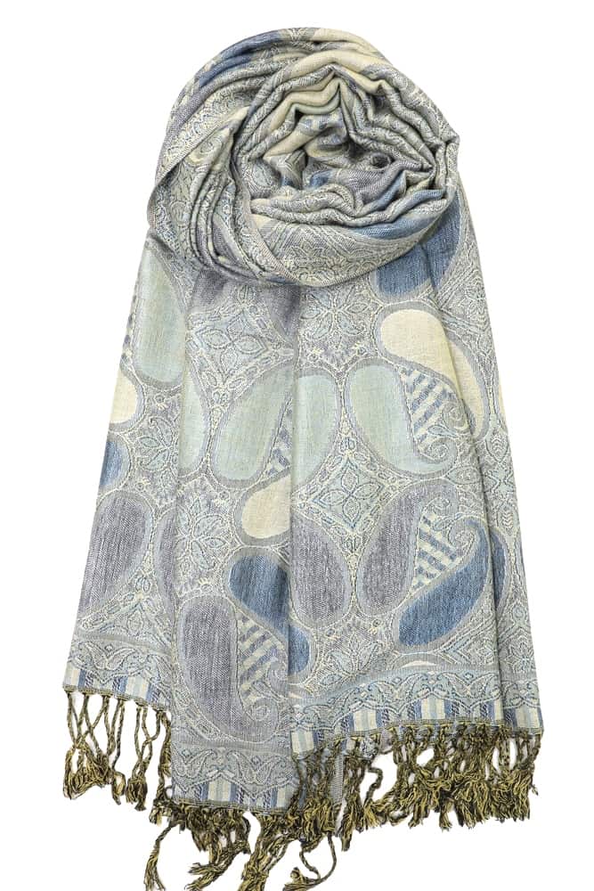 Blue gold multi color paisley pashmina with fringes