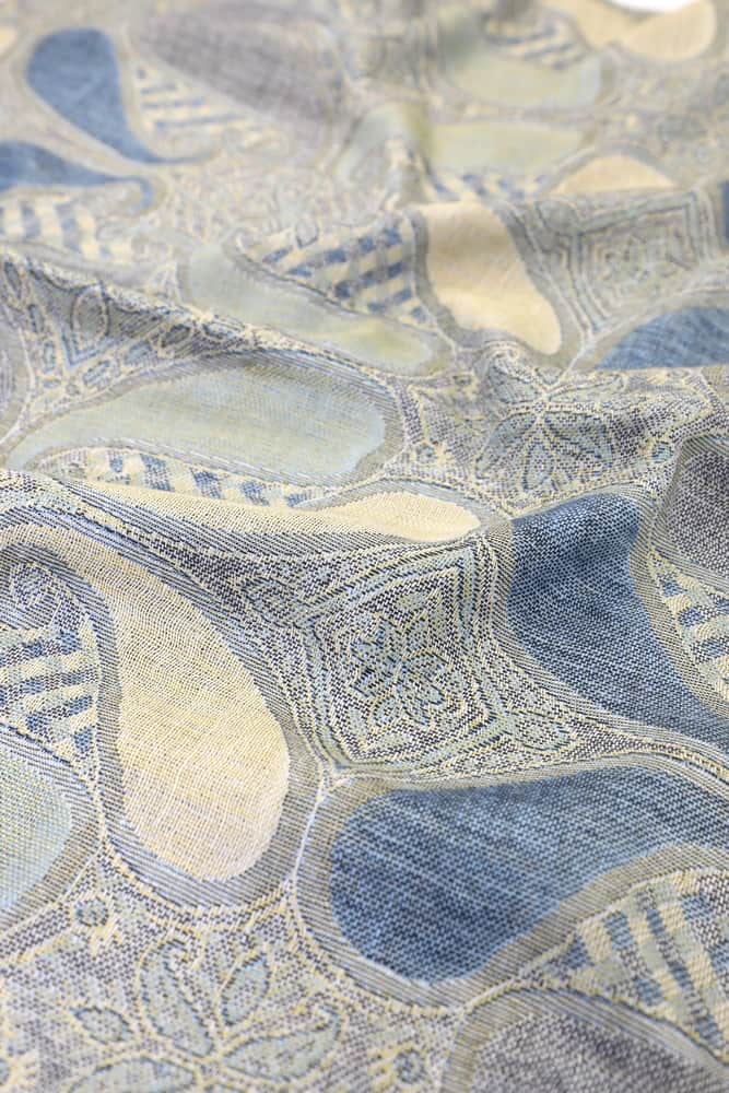 fabric detail of blue multi color paisley pashmina