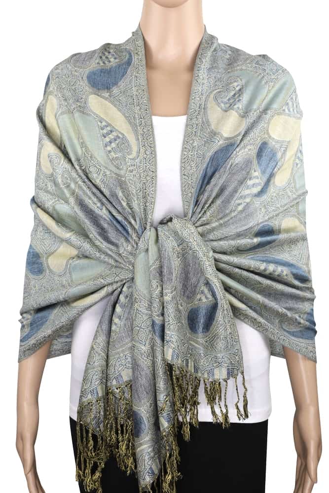 Blue gold multi color pashmina shawl on mannequin