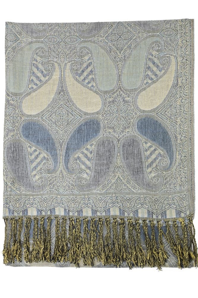 Blue gold multi color paisley pashmina with fringes