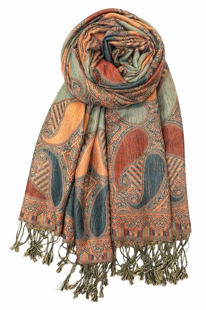 dark teal orange multi color paisley pashmina with fringes