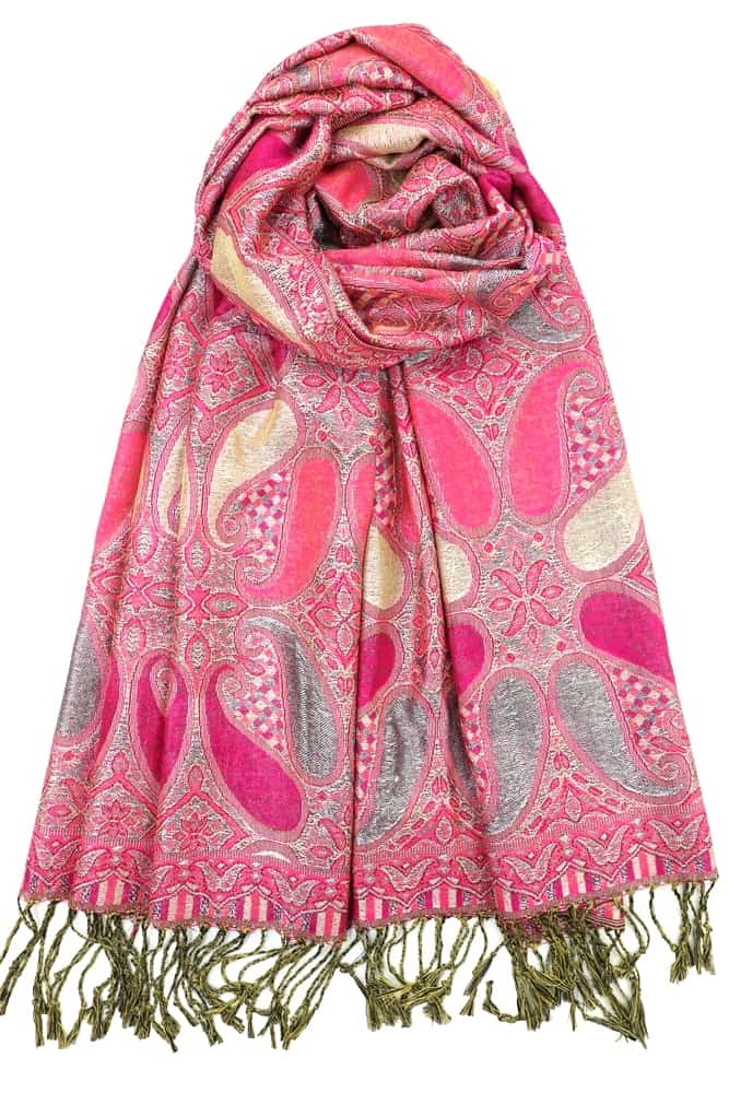 fuchsia pink metallic pashmina shawl wrap scarf with fringes