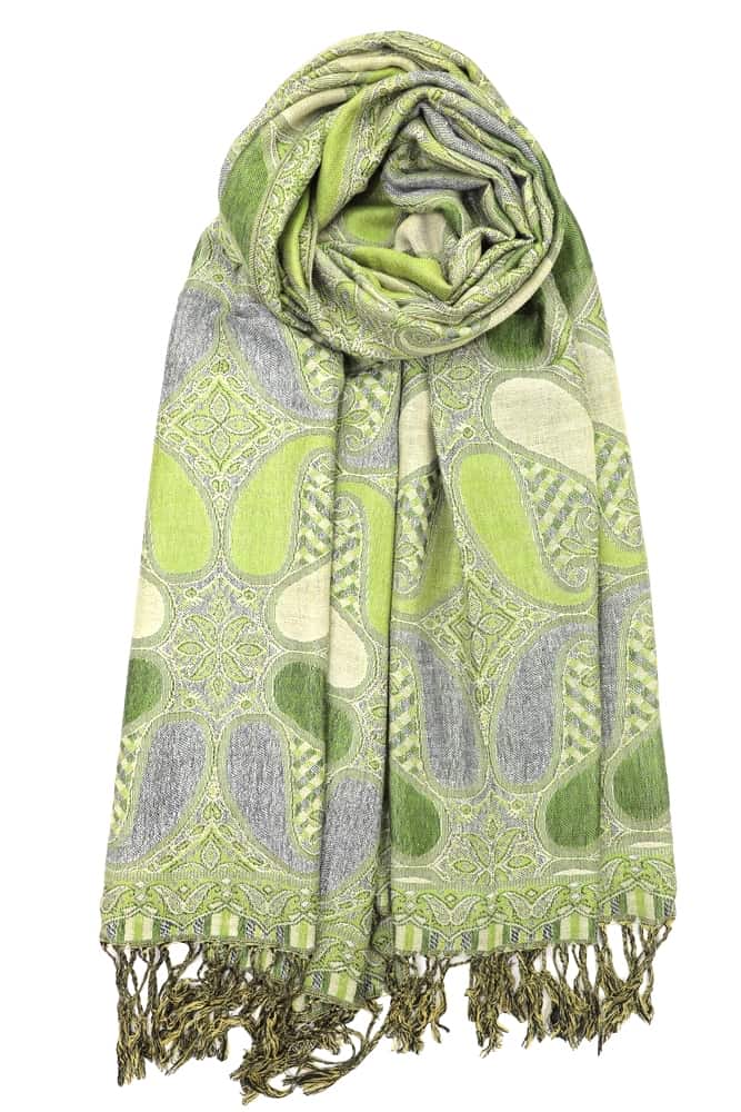 green multi color paisley pashmina with fringes