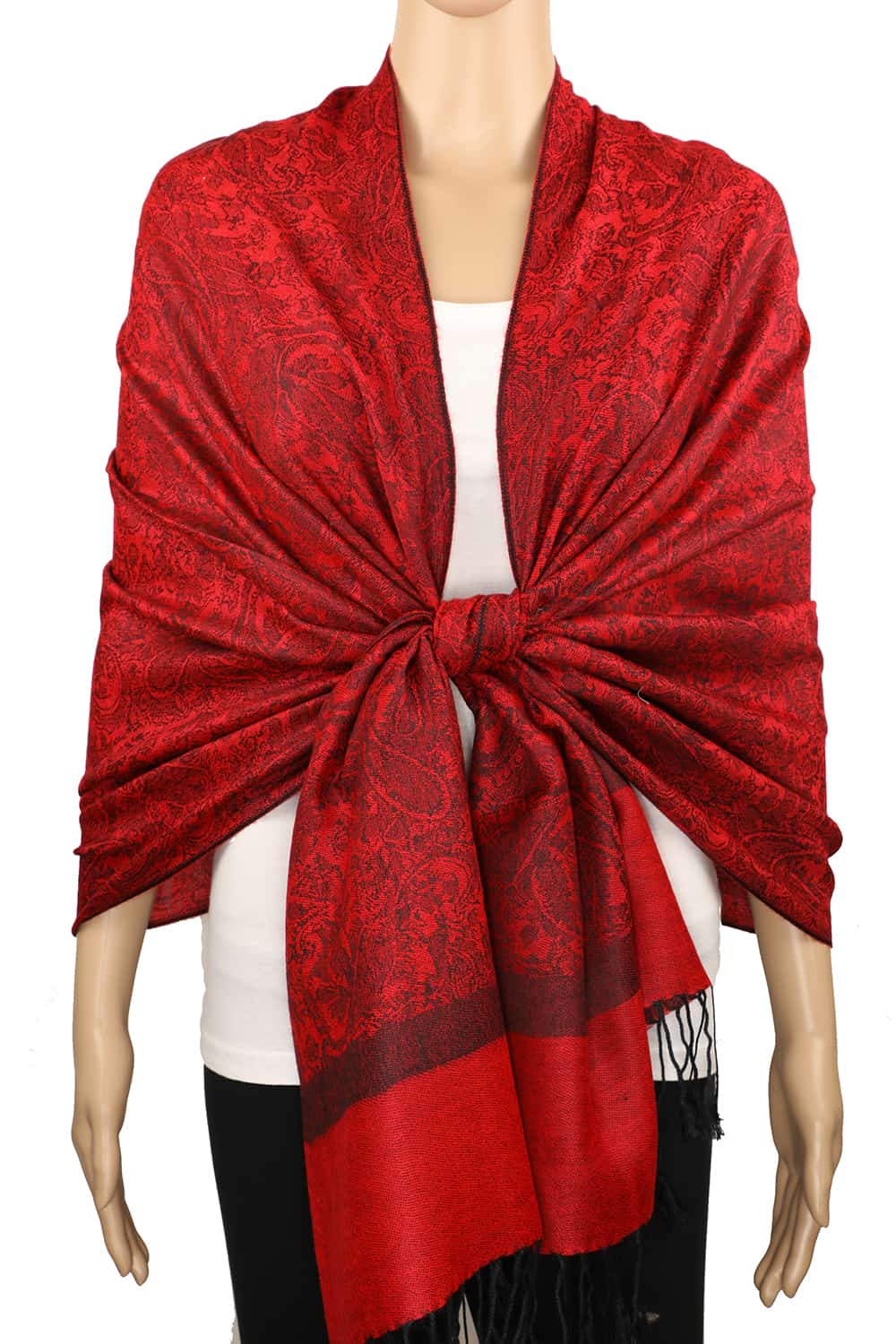 red black jacquard paisley pashmina shawl with fringes