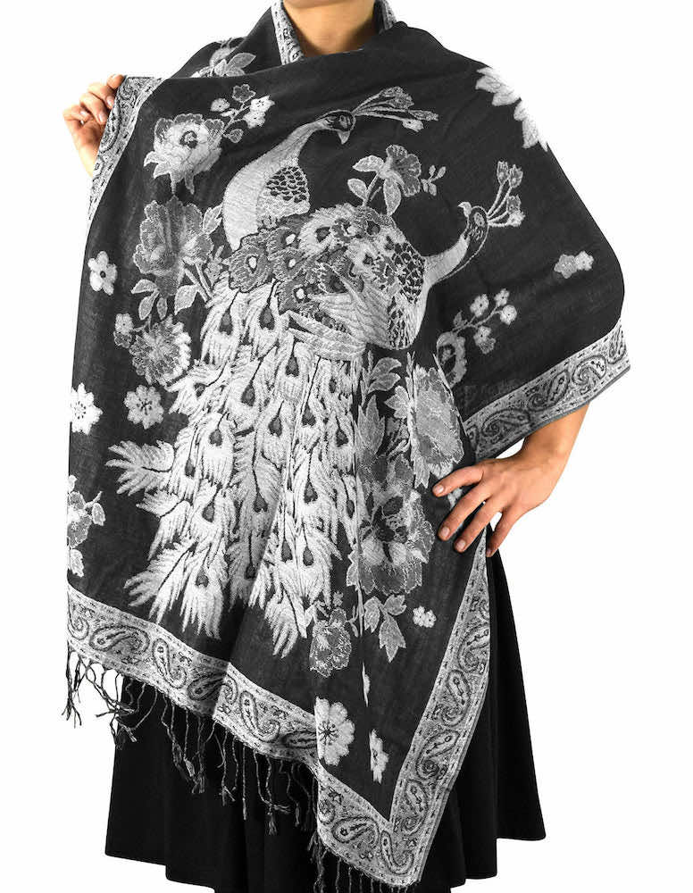 black white peacock metallic pashmina shawl wrap 37
