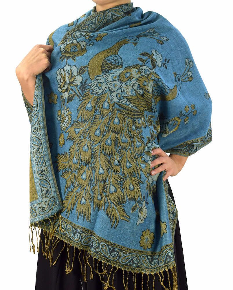 steel blue peacock metallic pashmina shawl wrap 37