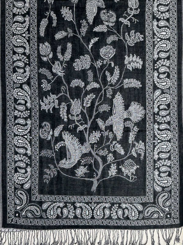 black white Persian botanical pashmina shawl