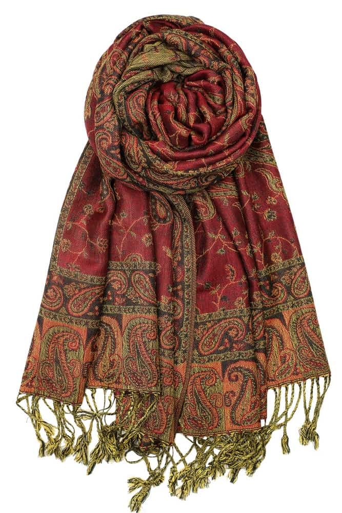 large burgundy reversible paisley pashmina shawl wrap scarf - 28" width x 80” length with fringes