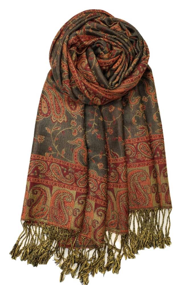 large olive burgundy reversible paisley pashmina shawl wrap scarf with fringes