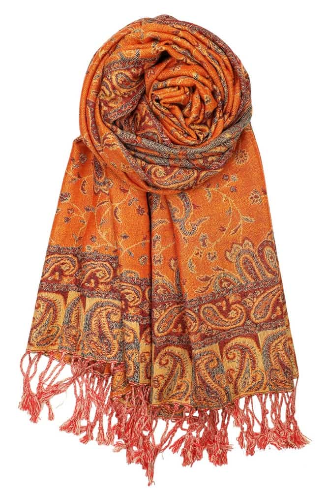large orange reversible paisley pashmina shawl wrap scarf - 28" width x 80” length with fringes