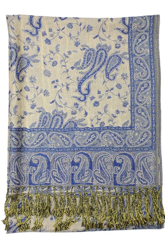 backside of royal blue reversible paisley pashmina scarf