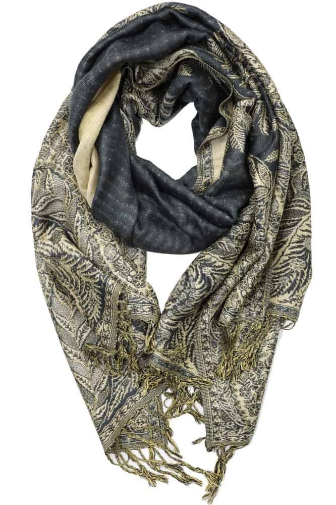 large charcoal gray big paisley pashmina shawl wrap scarf with fringes