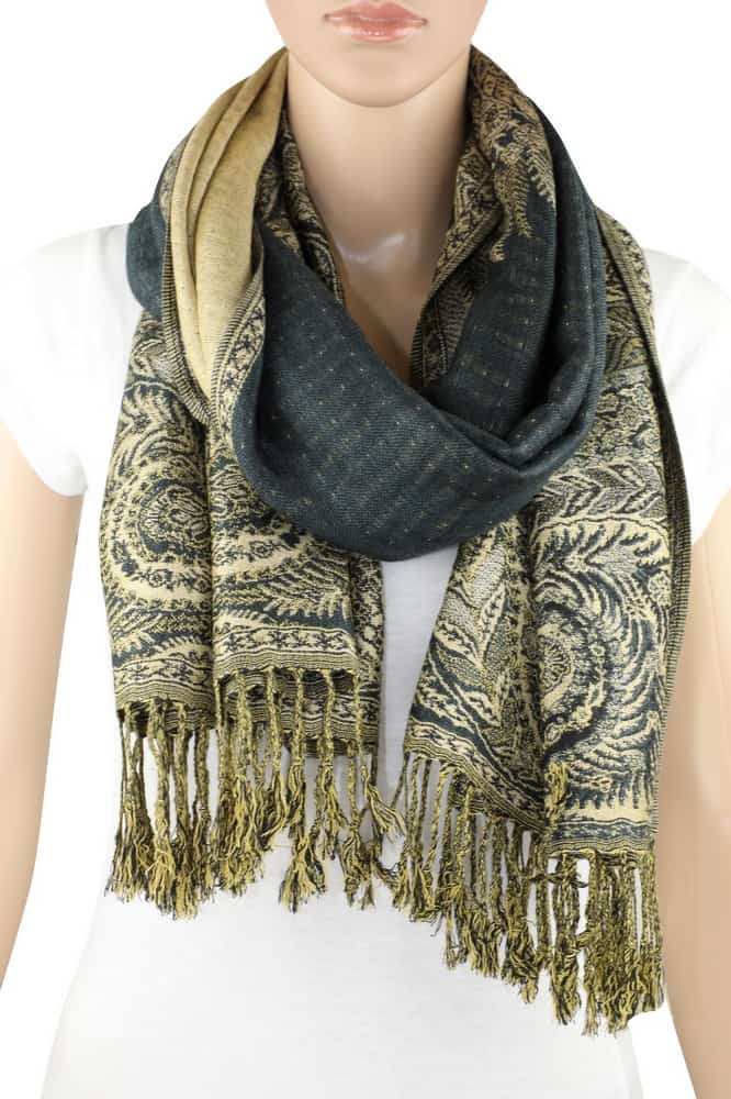 large charcoal gray big paisley pashmina shawl wrap scarf with fringes