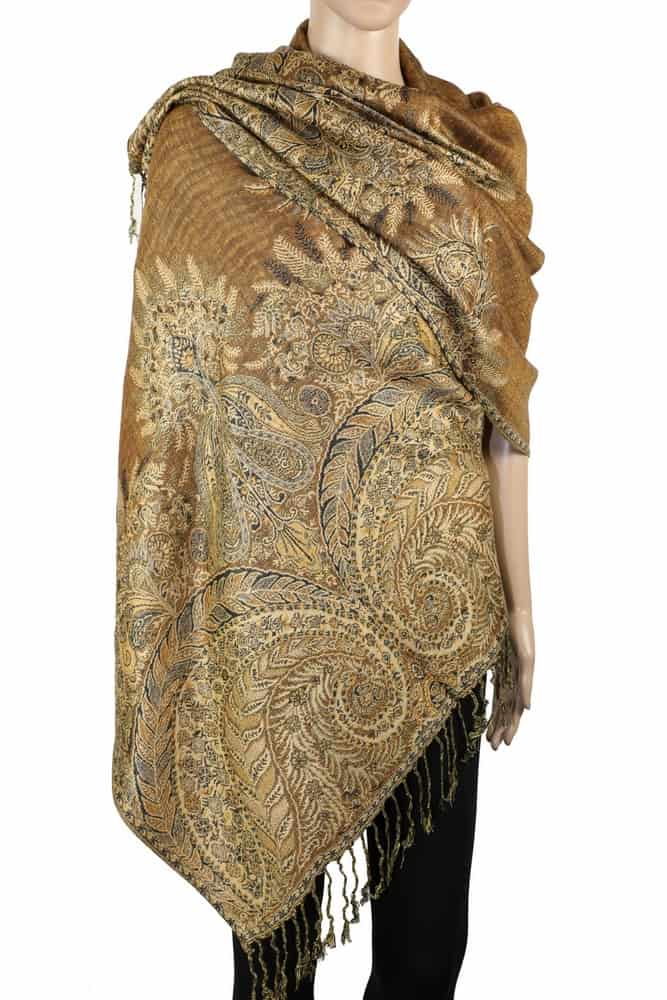 large golden brown big paisley pashmina shawl wrap scarf with fringes