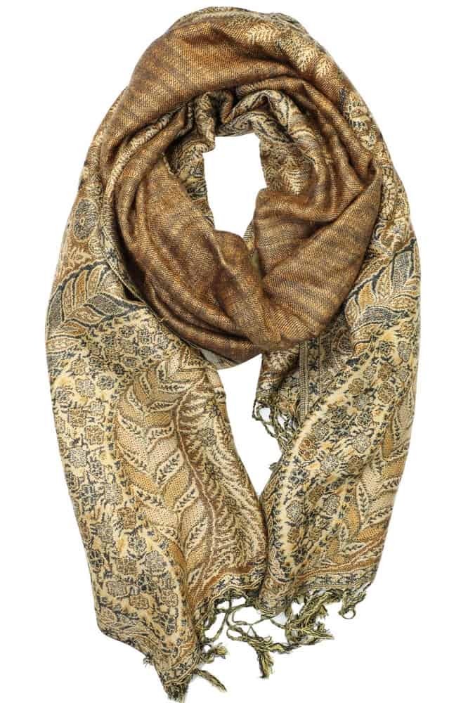 large golden brown big paisley pashmina shawl wrap scarf with fringes