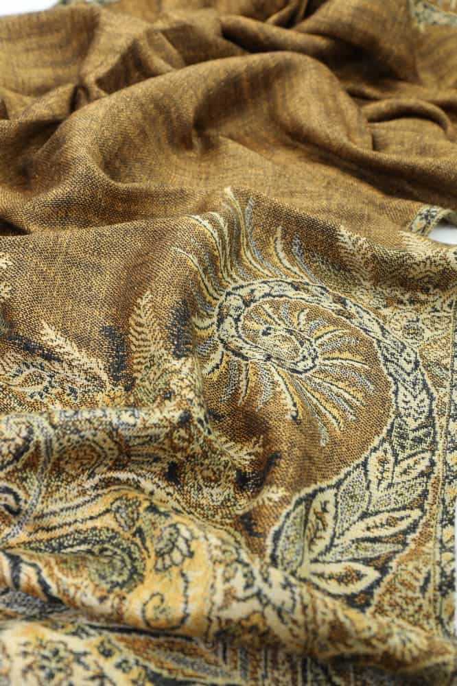 large golden brown big paisley pashmina shawl wrap scarf with fringes