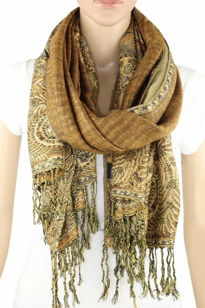 large golden brown big paisley pashmina shawl wrap scarf with fringes
