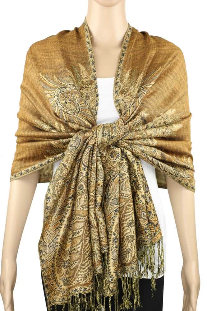 large golden brown big paisley pashmina shawl wrap scarf with fringes
