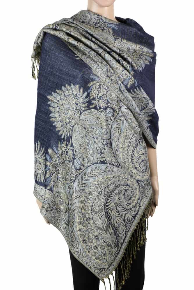 large navy big paisley pashmina shawl wrap scarf with fringes
