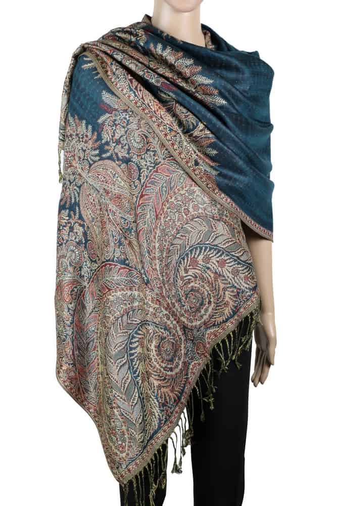 large teal big paisley pashmina shawl wrap scarf with fringes