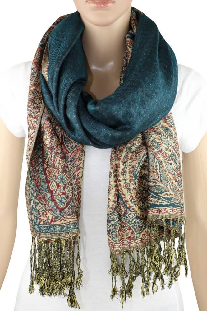large teal big paisley pashmina shawl wrap scarf with fringes