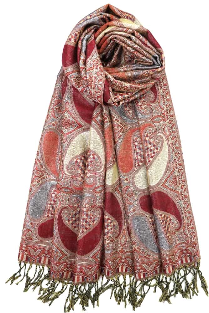 burgundy metallic pashmina shawl wrap scarf with fringes