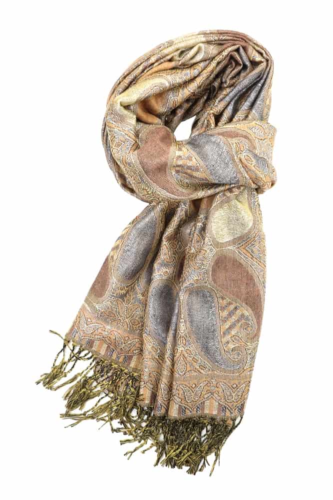 Tan metallic pashmina shawl wrap scarf with fringes