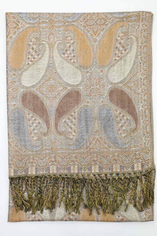 Tan metallic pashmina shawl wrap scarf with fringes